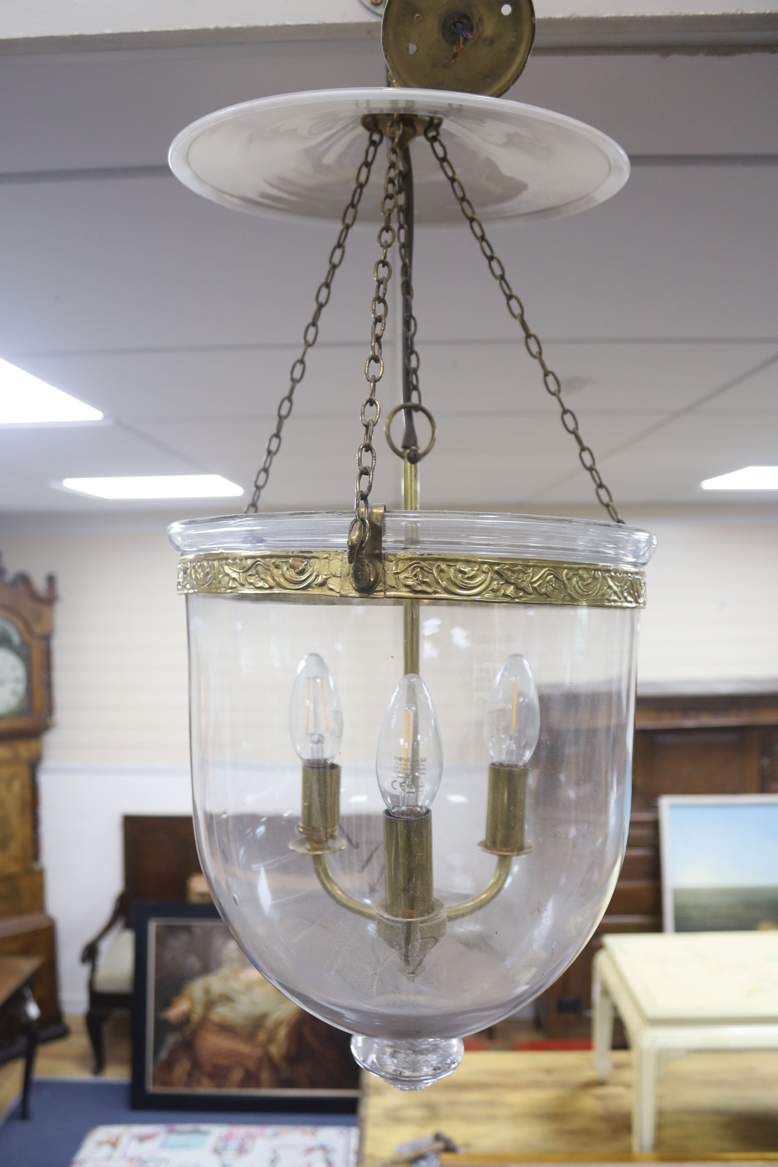 A pair of gilt metal mounted glass hall lanterns, height 48cm